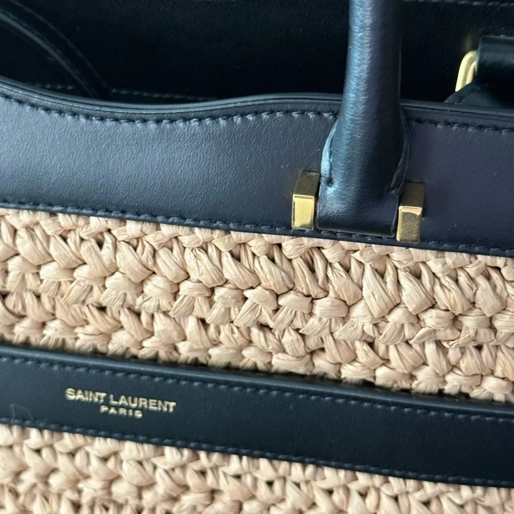 Saint Laurent woven raffia and black calfskin leather handbag NWOT - Picture 9 of 10